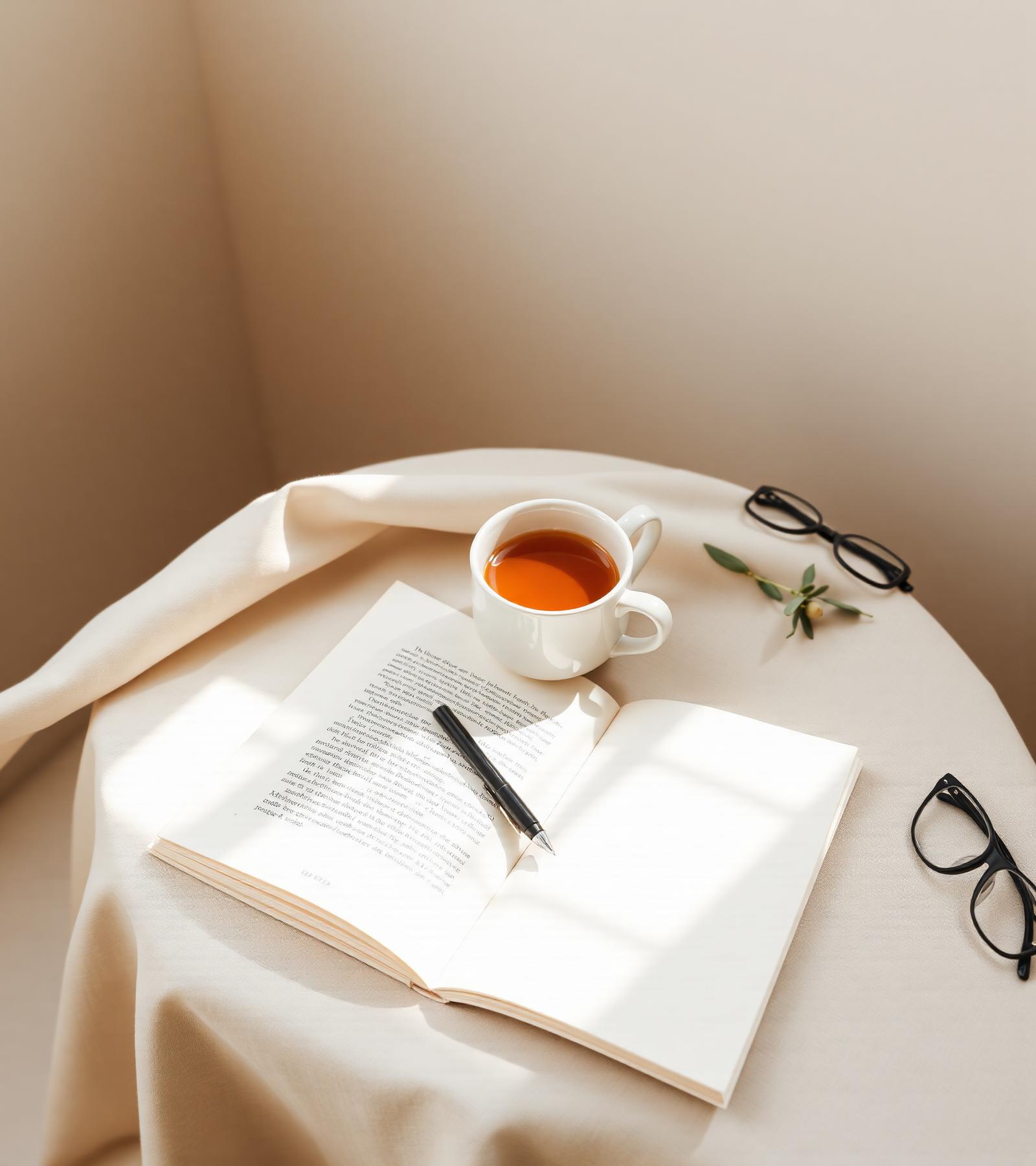 Ambiente calmo com livro aberto, xícara de chá e ramo de oliveira
